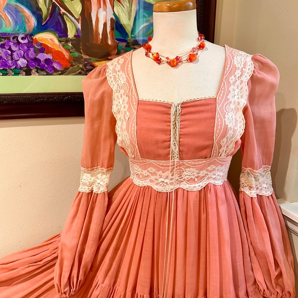 Vtg 70s Gunne Sax Victorian Maxi Prairie Corset Dress Rose Pink - Vtg 9 or S - Picture 14 of 15